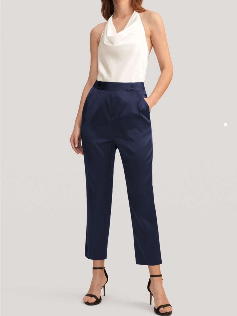 Women's Navy Cropped Silk Trousers